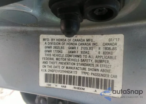 2017 Honda Civic Ex-T из США, поврежденный, VIN 2HGFC1F37HH654172